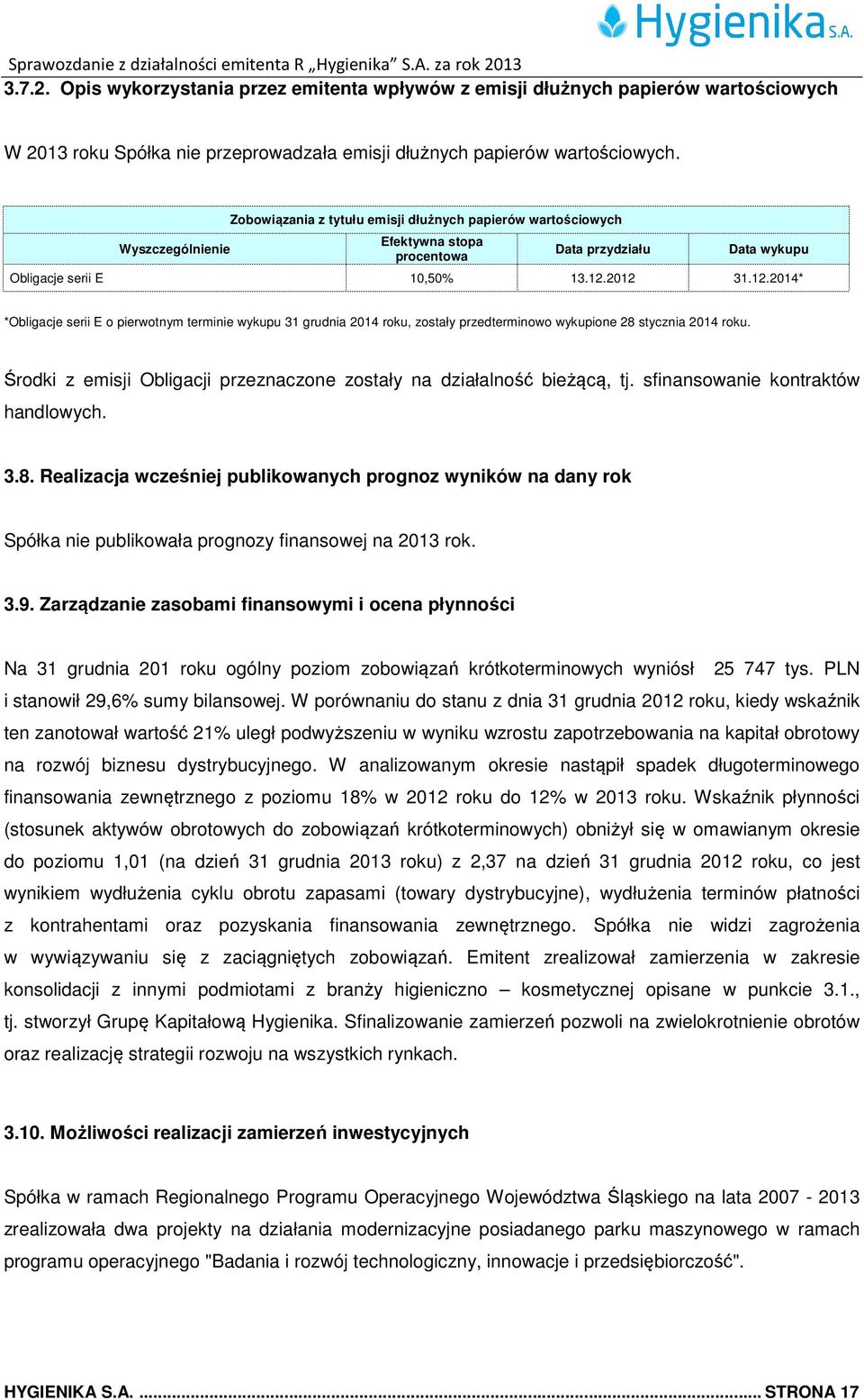 2012 Data wykupu 31.12.2014* *Obligacje serii E o pierwotnym terminie wykupu 31 grudnia 2014 roku, zostały przedterminowo wykupione 28 stycznia 2014 roku.