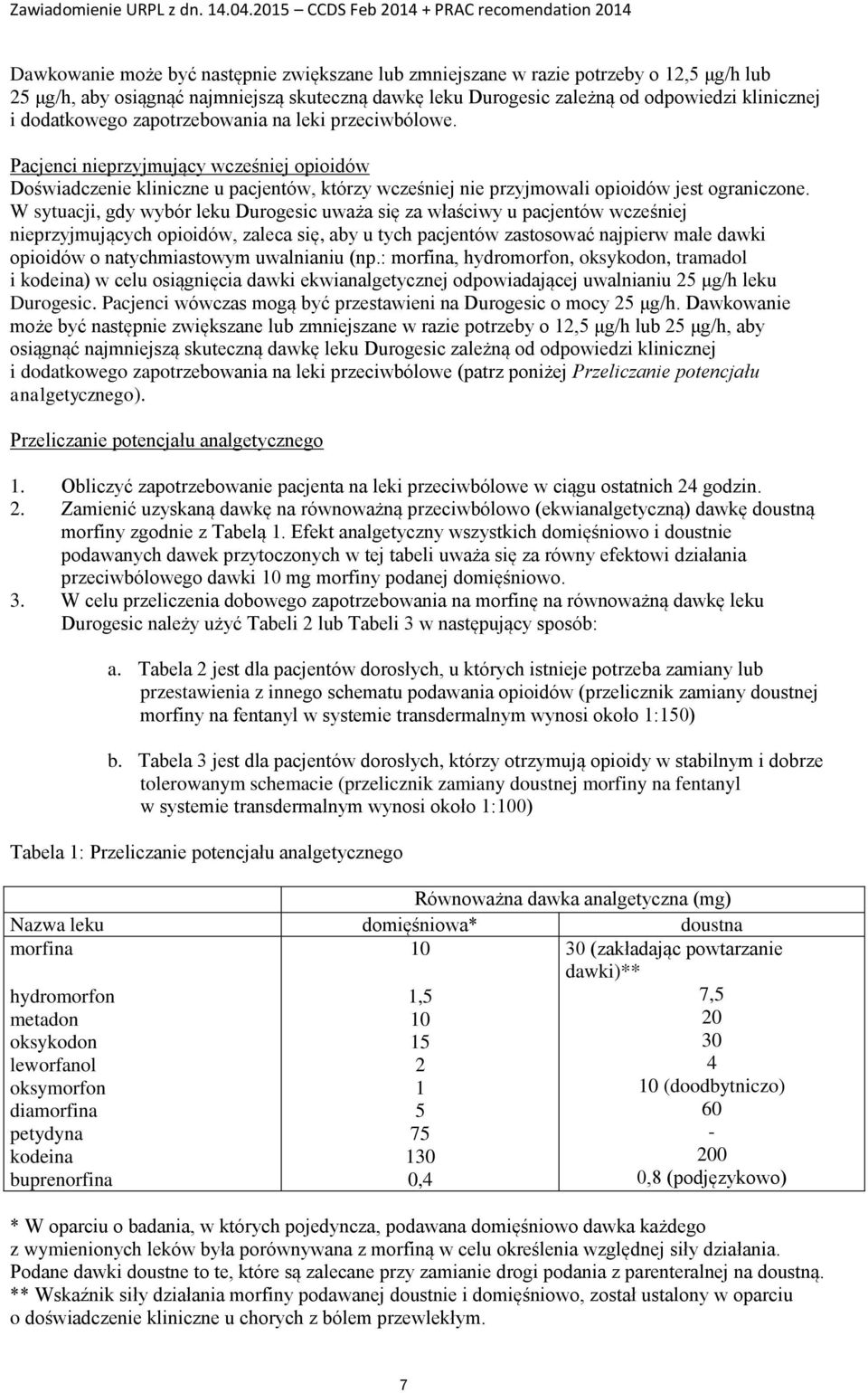 W sytuacji, gdy wybór leku Durogesic uważa się za właściwy u pacjentów wcześniej nieprzyjmujących opioidów, zaleca się, aby u tych pacjentów zastosować najpierw małe dawki opioidów o natychmiastowym
