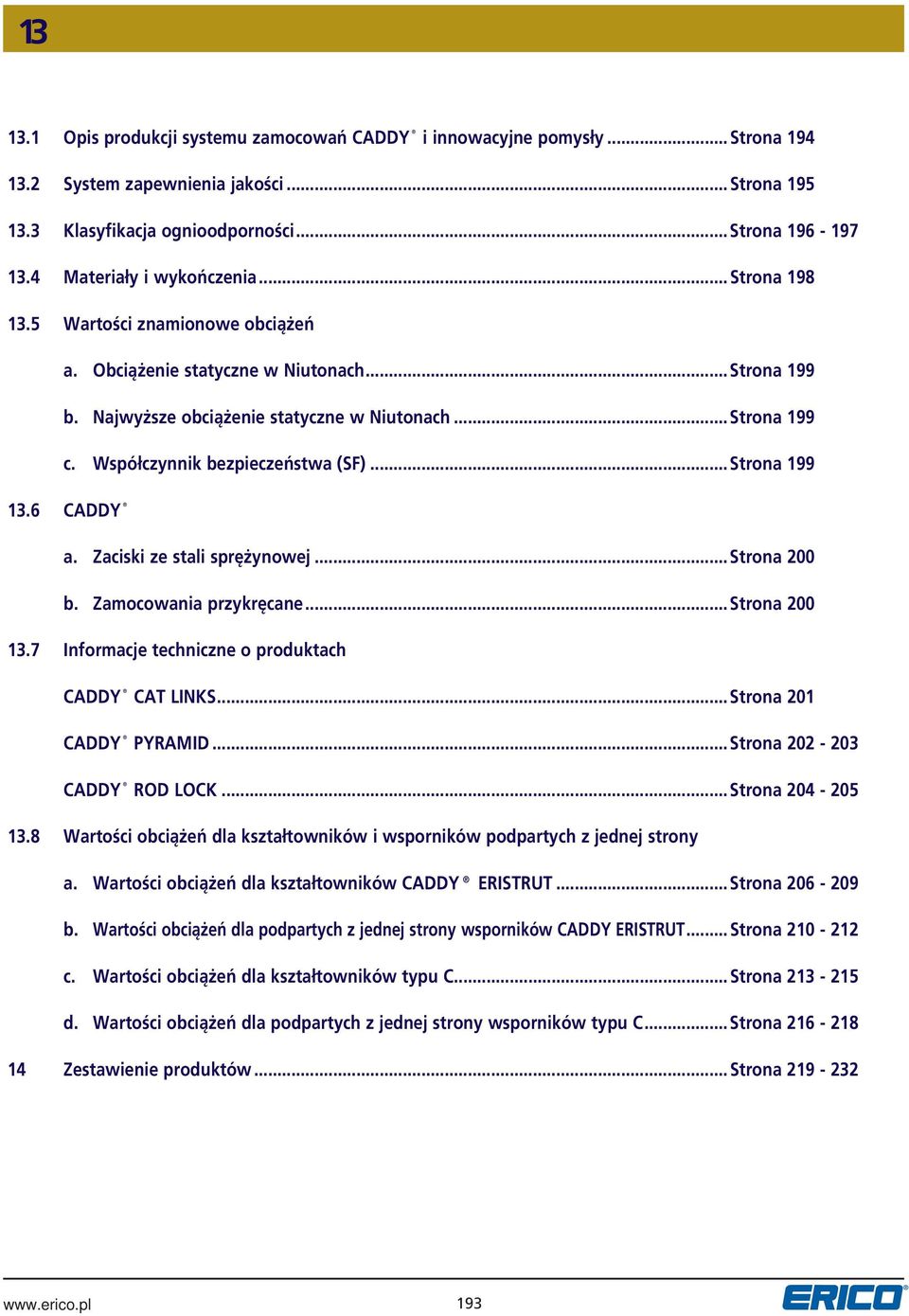 Współczynnik bezpieczeństwa (SF)...Strona 199 13.6 CADDY a. Zaciski ze stali sprężynowej...strona 200 b. Zamocowania przykręcane...strona 200 13.7 Informacje techniczne o produktach CADDY CAT LINKS.