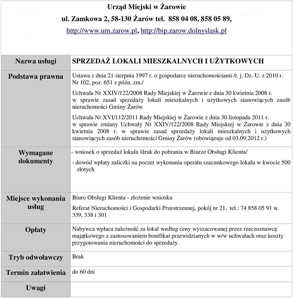 651 z późn. zm./ Uchwała Nr XXIV/122/2008 Rady Miejskiej w Żarowie z dnia 30 kwietnia 2008 r.