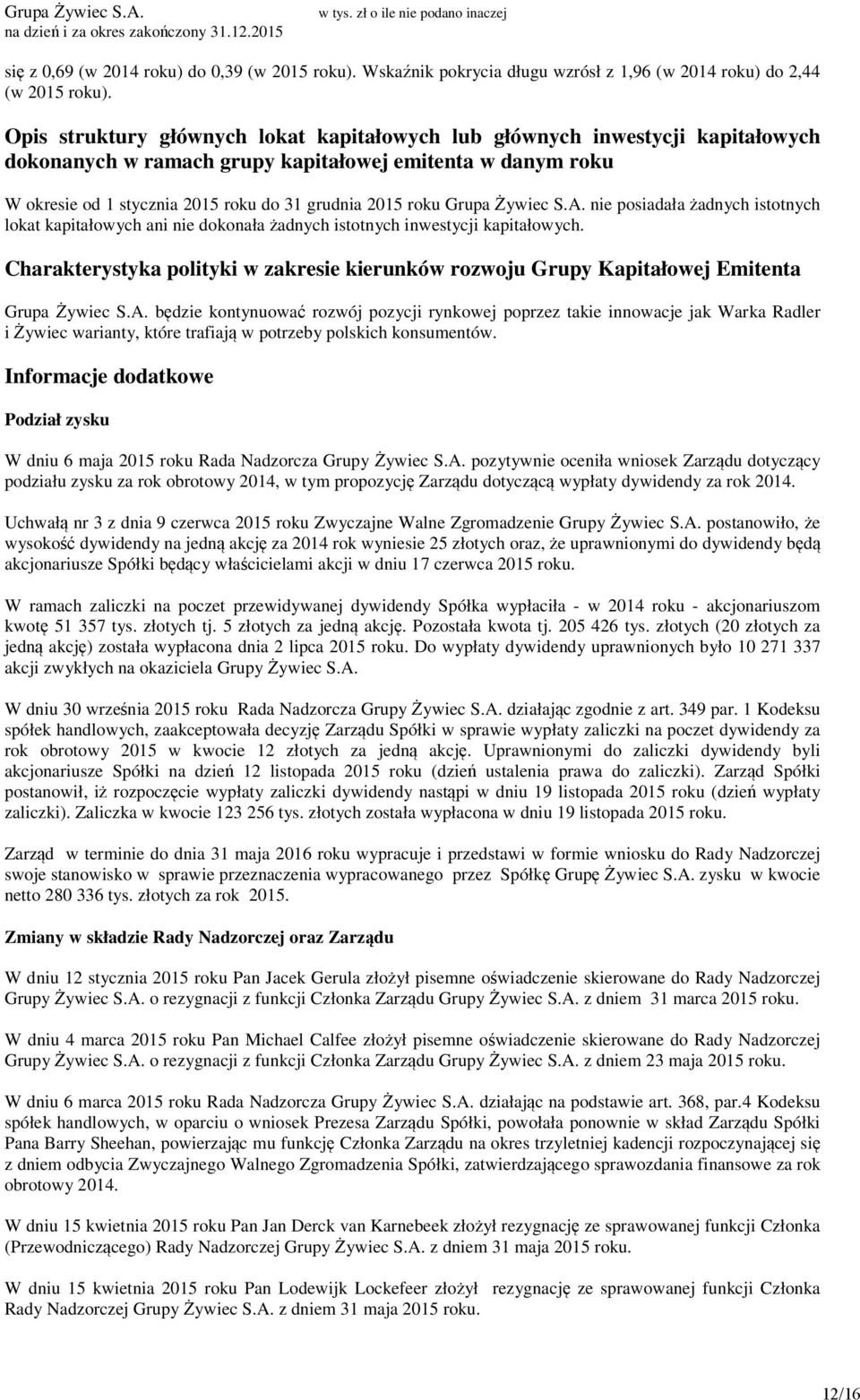 Grupa Żywiec S.A. nie posiadała żadnych istotnych lokat kapitałowych ani nie dokonała żadnych istotnych inwestycji kapitałowych.
