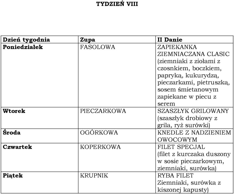 (szaszłyk drobiowy z grila, ryż surówki) Środa OGÓRKOWA KNEDLE Z NADZIENIEM OWOCOWYM Czwartek KOPERKOWA FILET SPECJAL