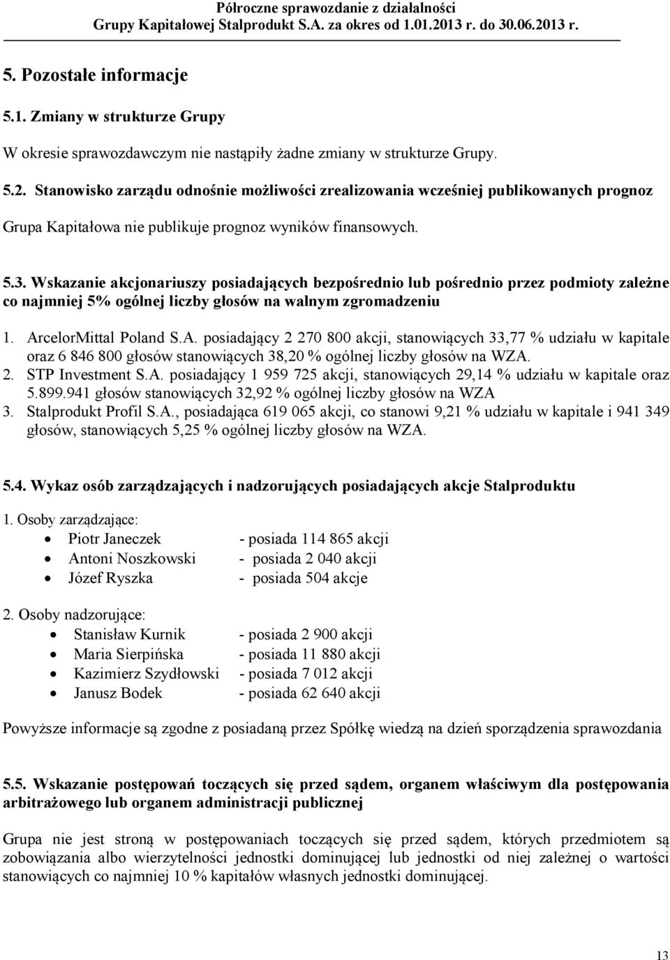 Wskazanie akcjonariuszy posiadających bezpośrednio lub pośrednio przez podmioty zależne co najmniej 5% ogólnej liczby głosów na walnym zgromadzeniu 1. Ar