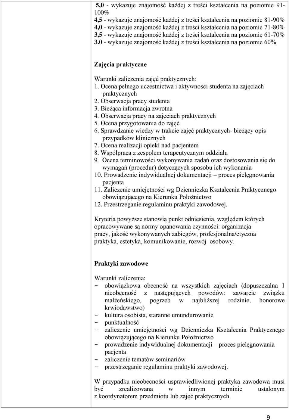 0 - wykazuje znajomość każdej z treści kształcenia na poziomie 60% Zajęcia praktyczne Warunki zaliczenia zajęć praktycznych: 1.