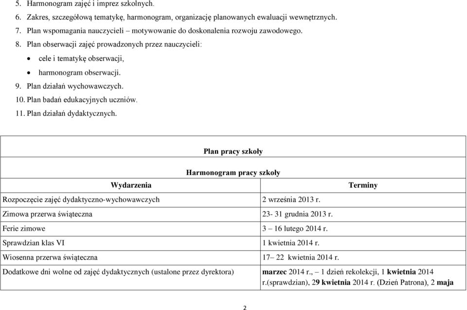 Plan działań wychowawczych. 10. Plan badań edukacyjnych uczniów. 11. Plan działań dydaktycznych.