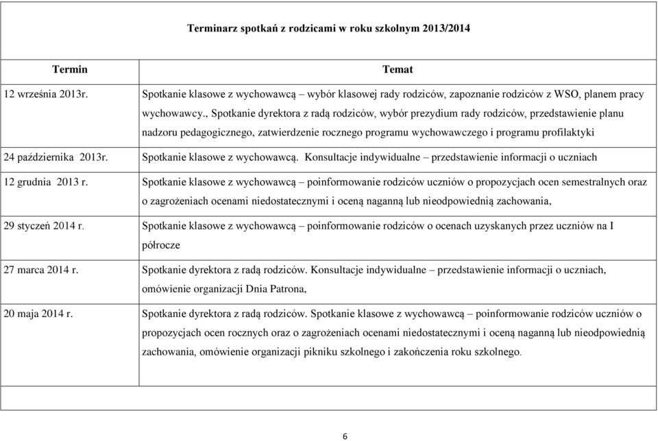 października 2013r. Spotkanie klasowe z wychowawcą. Konsultacje indywidualne przedstawienie informacji o uczniach 12 grudnia 2013 r.