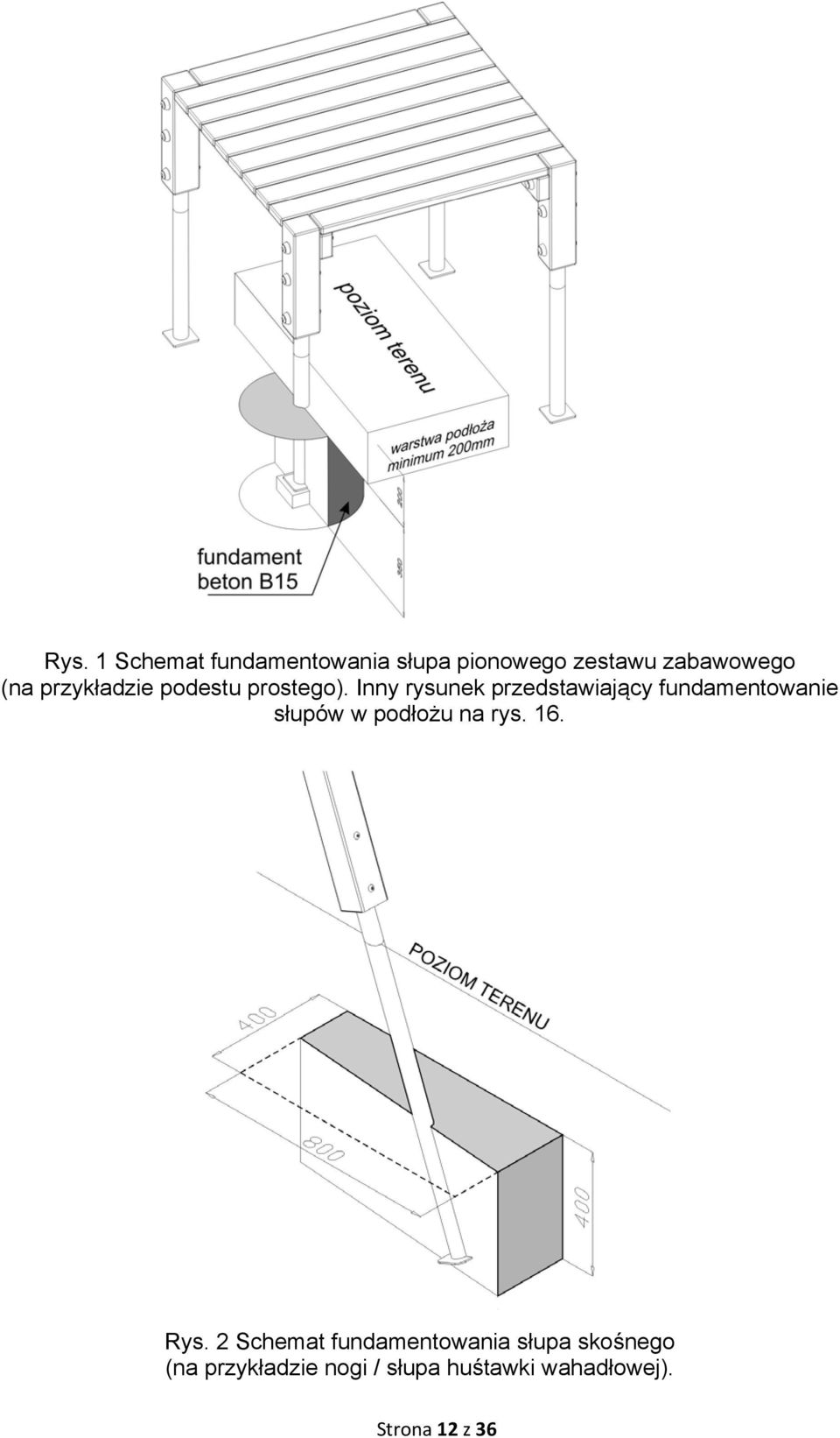 Inny rysunek przedstawiający fundamentowanie słupów w podłożu na rys.