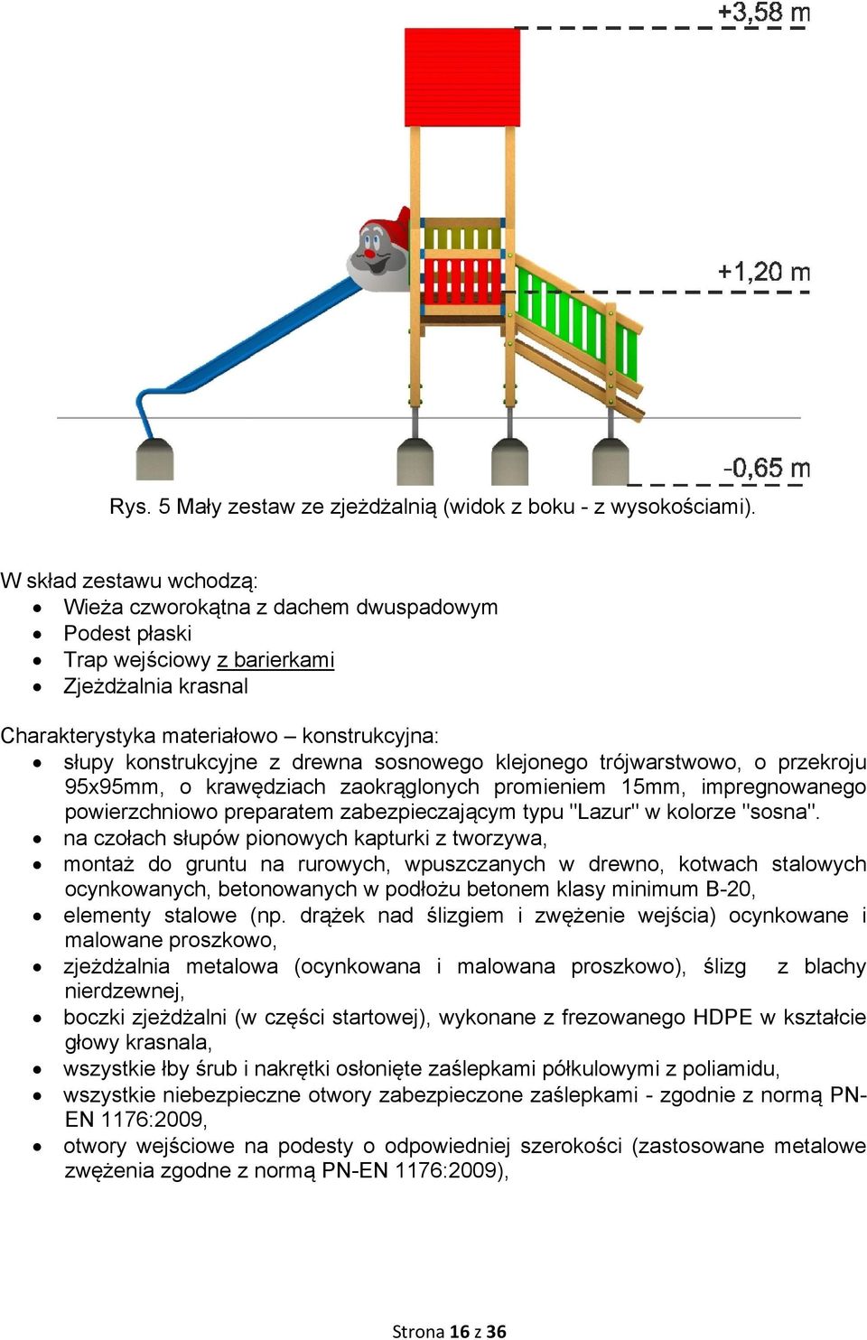 sosnowego klejonego trójwarstwowo, o przekroju 95x95mm, o krawędziach zaokrąglonych promieniem 15mm, impregnowanego powierzchniowo preparatem zabezpieczającym typu "Lazur" w kolorze "sosna".