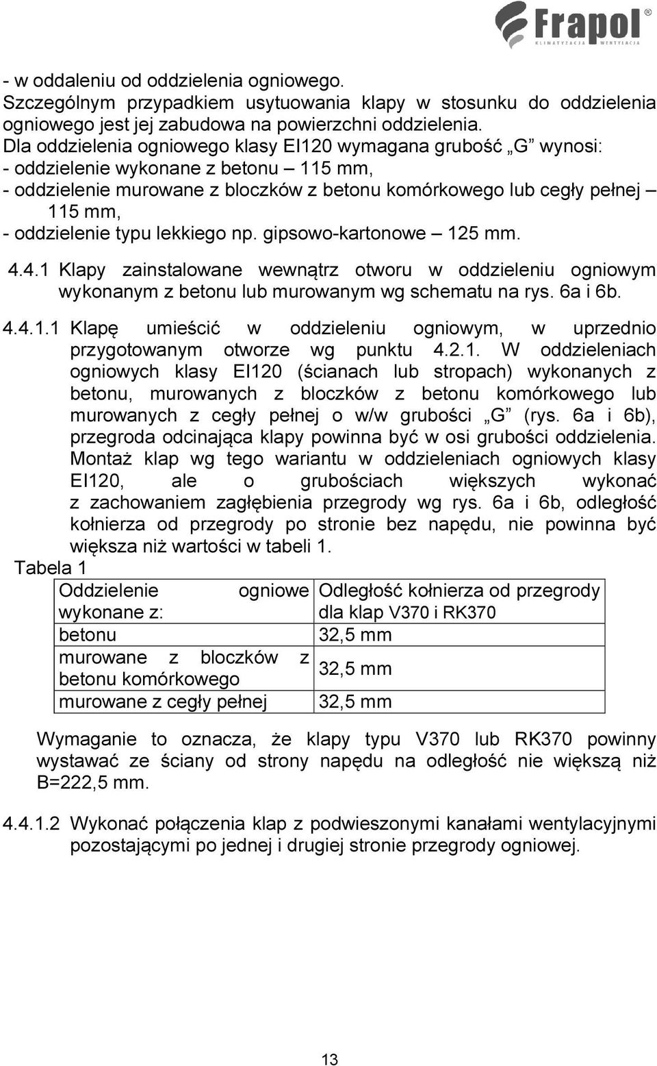 typu lekkiego np. gipsowo-kartonowe 125 mm. 4.4.1 Klapy zainstalowane wewnątrz otworu w oddzieleniu ogniowym wykonanym z betonu lub murowanym wg schematu na rys. 6a i 6b. 4.4.1.1 Klapę umieścić w oddzieleniu ogniowym, w uprzednio przygotowanym otworze wg punktu 4.