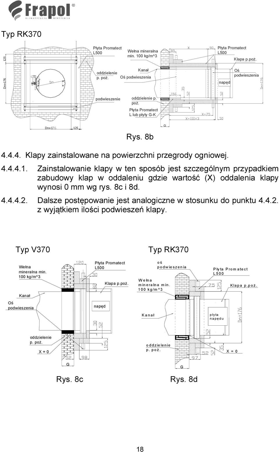 8c i 8d. 4.4.4.2. Dalsze postępowanie jest analogiczne w stosunku do punktu 4.4.2. z wyjątkiem ilości podwieszeń klapy. Typ V370 Typ RK370 Wełna mineralna min.