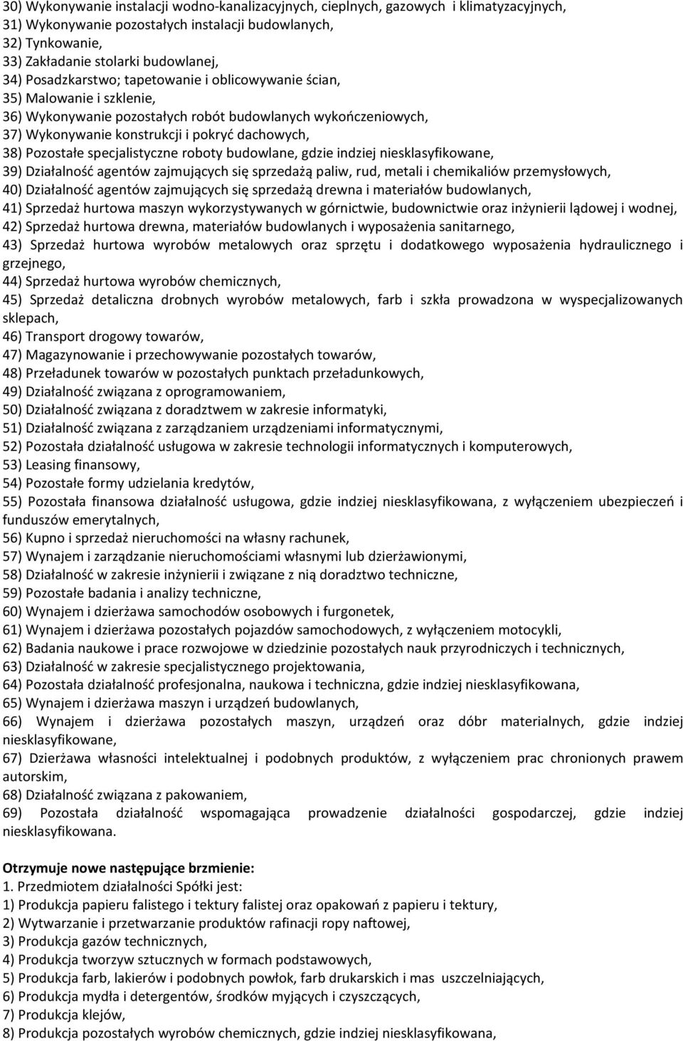 Pozostałe specjalistyczne roboty budowlane, gdzie indziej niesklasyfikowane, 39) Działalność agentów zajmujących się sprzedażą paliw, rud, metali i chemikaliów przemysłowych, 40) Działalność agentów