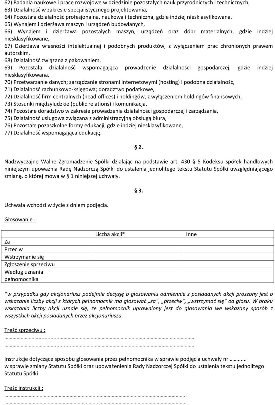 indziej niesklasyfikowane, 67) Dzierżawa własności intelektualnej i podobnych produktów, z wyłączeniem prac chronionych prawem autorskim, 68) Działalność związana z pakowaniem, 69) Pozostała