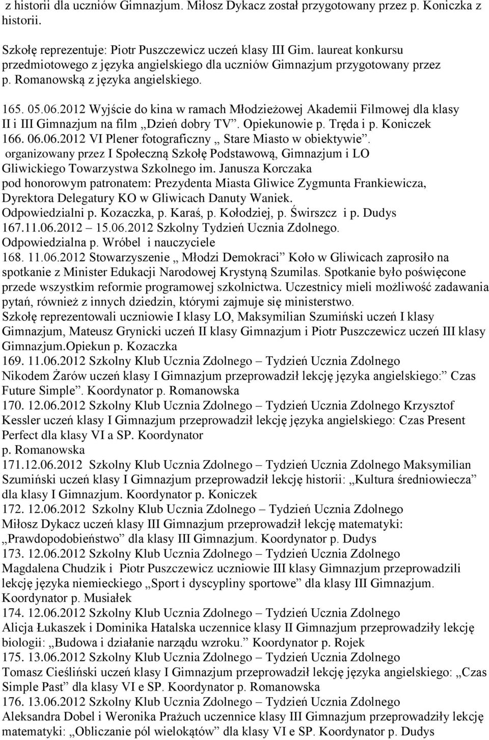 2012 Wyjście do kina w ramach Młodzieżowej Akademii Filmowej dla klasy II i III Gimnazjum na film Dzień dobry TV. Opiekunowie p. Tręda i p. Koniczek 166. 06.