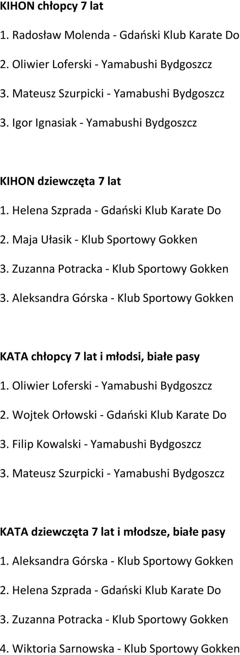 Aleksandra Górska - Klub Sportowy Gokken KATA chłopcy 7 lat i młodsi, białe pasy 1. Oliwier Loferski - Yamabushi Bydgoszcz 2. Wojtek Orłowski - Gdański Klub Karate Do 3.