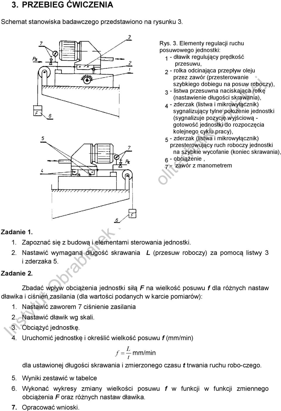 Elementy regulacji ruchu posuwowego jednostki: 1 - dławik regulujący prędkość przesuwu, 2 - rolka odcinająca przepływ oleju przez zawór (przesterowanie szybkiego dobiegu na posuw roboczy), 3 - listwa