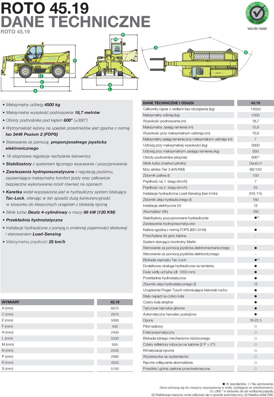 (FOS) Maksymalny zasięg ramienia (m), Wysokość rzy maksymalnym udźwigu (m), Maksymalny zasięg ramienia rzy maksymalnym udźwigu (m) Sterowanie za omocą roorcjonalnego joysticka elektronicznego Udźwig