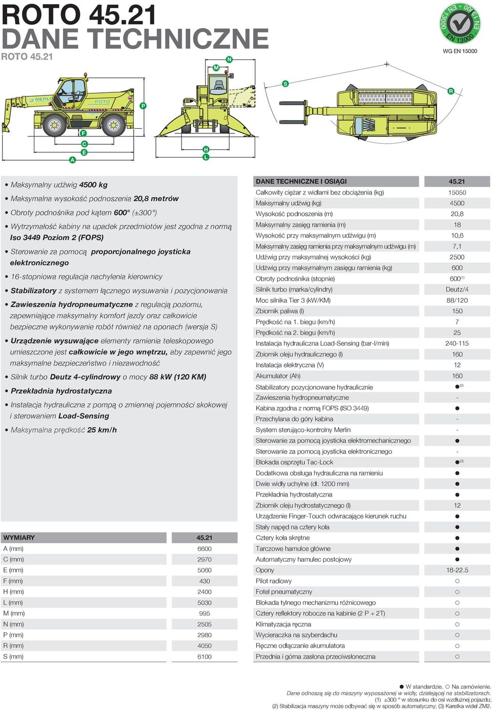 (FOS) Maksymalny zasięg ramienia (m) Wysokość rzy maksymalnym udźwigu (m) Maksymalny zasięg ramienia rzy maksymalnym udźwigu (m) Sterowanie za omocą roorcjonalnego joysticka elektronicznego Udźwig
