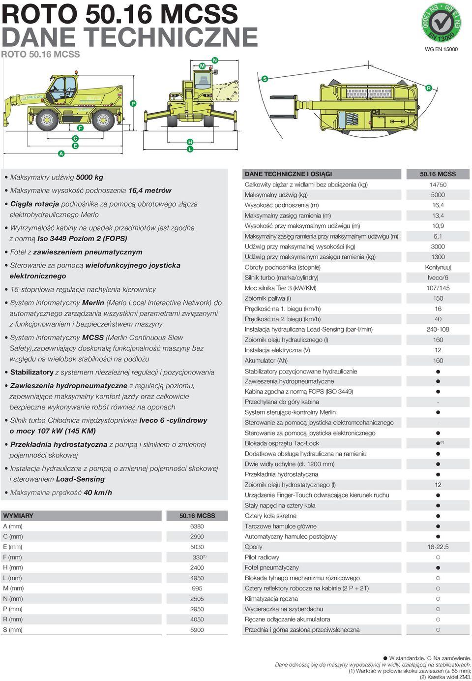 ramienia (m), Wytrzymałość kabiny na uadek rzedmiotów jest zgodna z normą Iso oziom (FOS) Wysokość rzy maksymalnym udźwigu (m), Maksymalna wysokość odnoszenia, metrów Maksymalny zasięg ramienia rzy