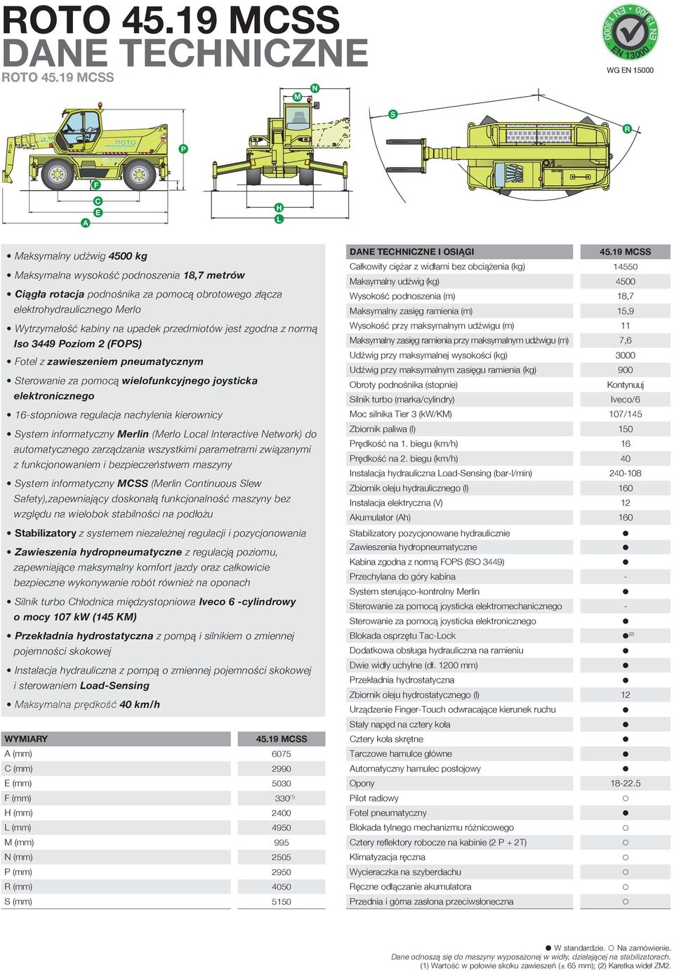 ramienia (m), Wytrzymałość kabiny na uadek rzedmiotów jest zgodna z normą Iso oziom (FOS) Wysokość rzy maksymalnym udźwigu (m) Maksymalny zasięg ramienia rzy maksymalnym udźwigu (m), Maksymalna