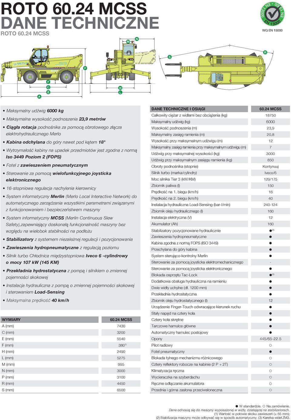 Wytrzymałość kabiny na uadek rzedmiotów jest zgodna z normą Iso oziom (FOS) Fotel z zawieszeniem neumatycznym Sterowanie za omocą wielofunkcyjnego joysticka elektronicznego stoniowa regulacja