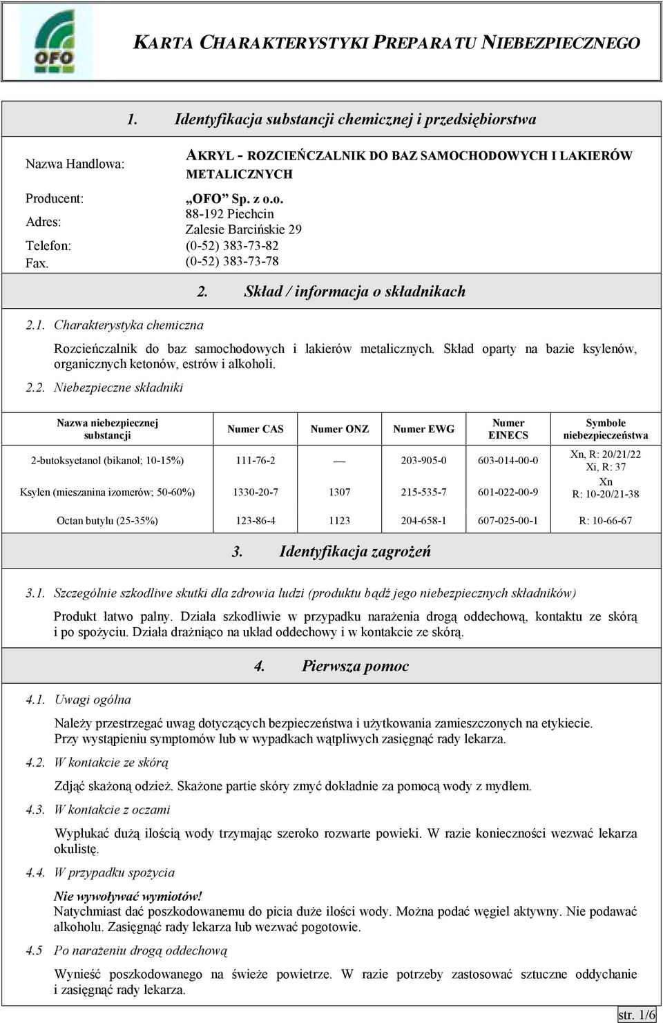 2. Niebezpieczne składniki Nazwa niebezpiecznej substancji Numer CAS Numer ONZ Numer EWG Numer EINECS 2-butoksyetanol (bikanol; 10-15%) 111-76-2 203-905-0 603-014-00-0 Ksylen (mieszanina izomerów;