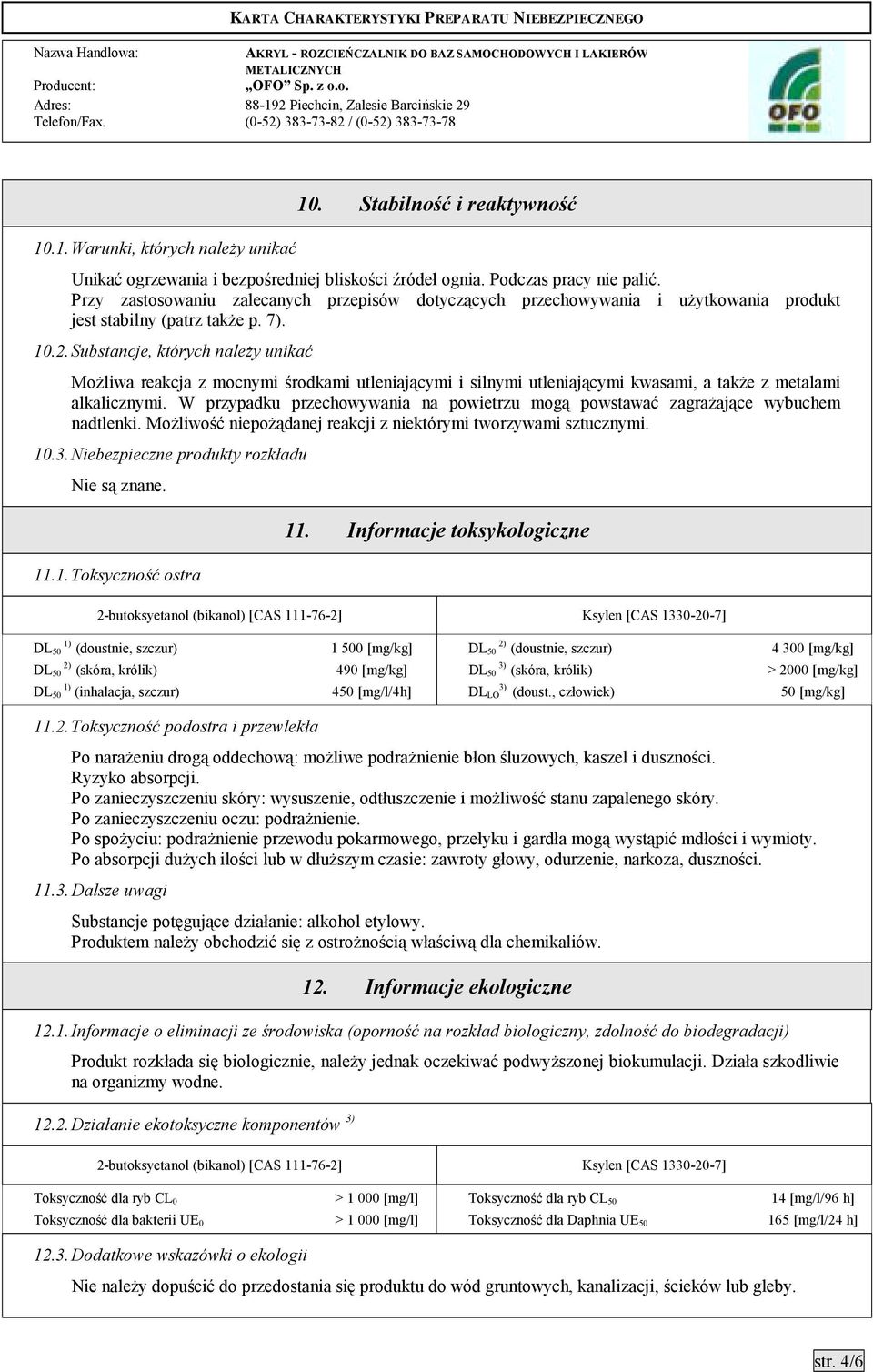 Substancje, których należy unikać Możliwa reakcja z mocnymi środkami utleniającymi i silnymi utleniającymi kwasami, a także z metalami alkalicznymi.