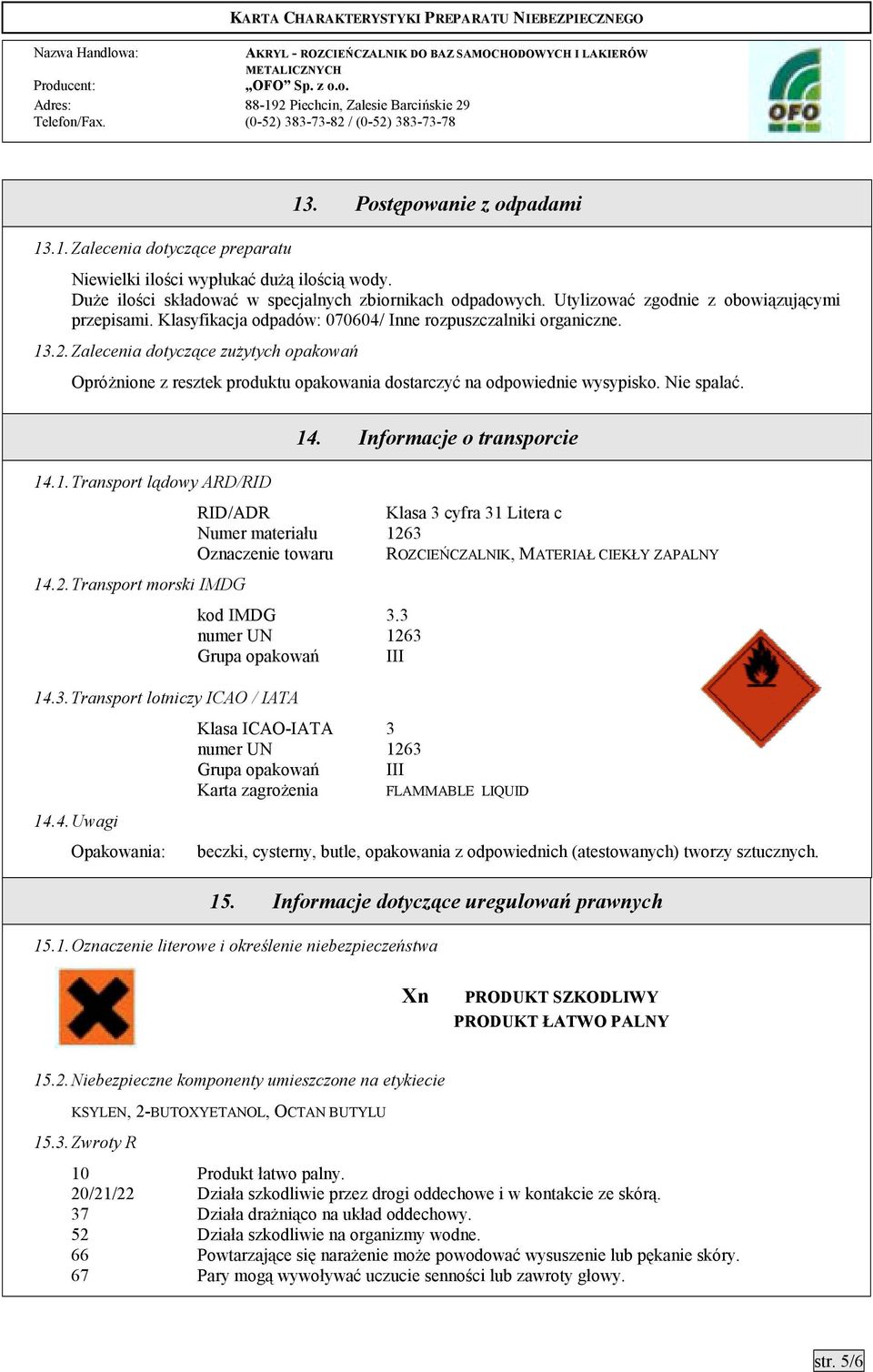 Zalecenia dotyczące zużytych opakowań Opróżnione z resztek produktu opakowania dostarczyć na odpowiednie wysypisko. Nie spalać. 14