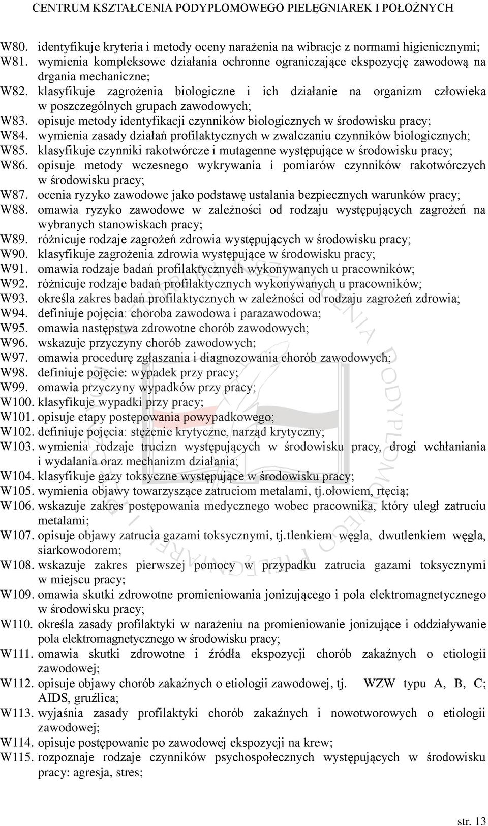 wymienia zasady działań profilaktycznych w zwalczaniu czynników biologicznych; W85. klasyfikuje czynniki rakotwórcze i mutagenne występujące w środowisku pracy; W86.