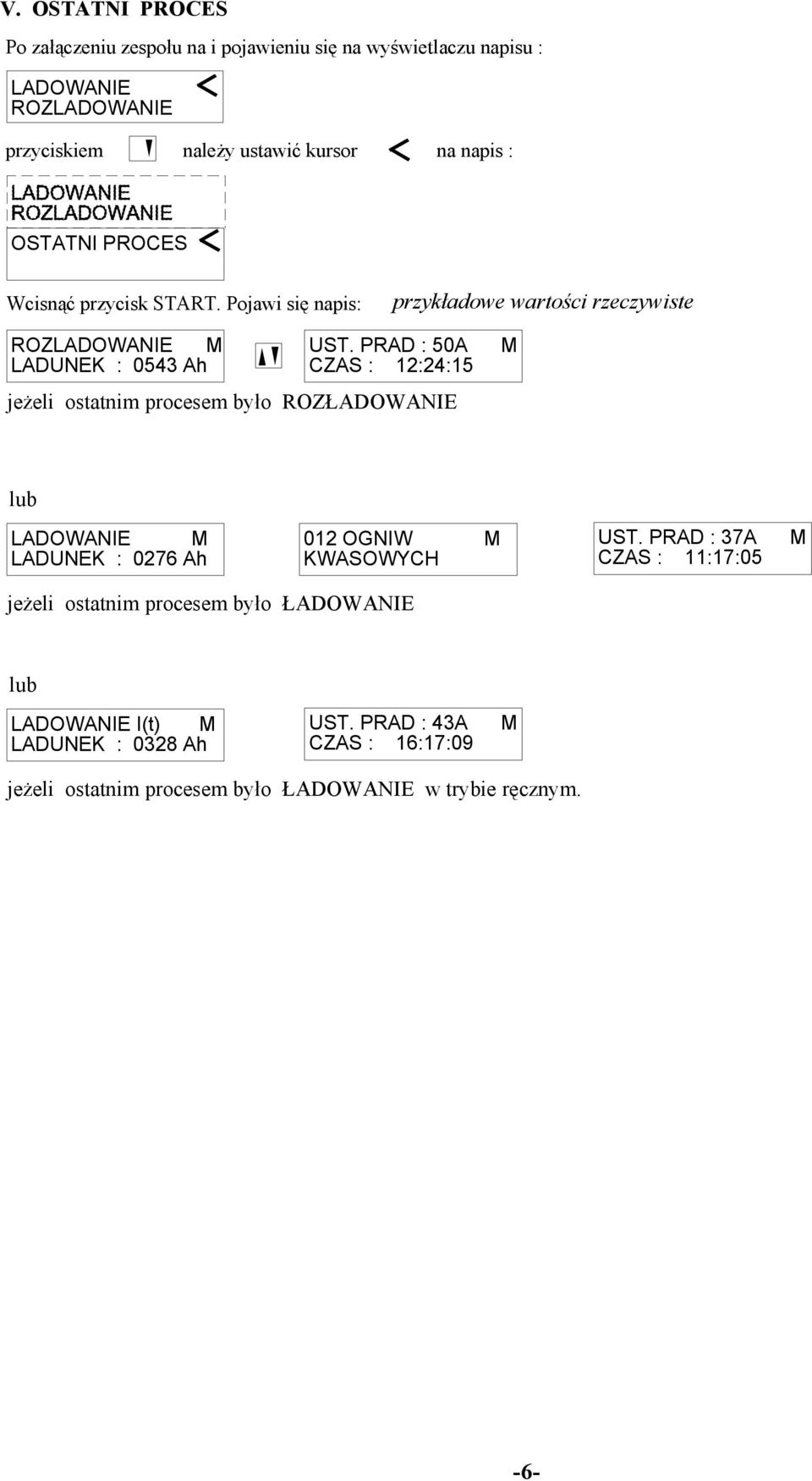 PRAD : 50A LADUNEK : 053 Ah CZAS : 1::15 jeżeli ostatnim procesem było ROZŁADOWANIE M M LADUNEK : 07 Ah 01 OGNIW M KWASOWYCH