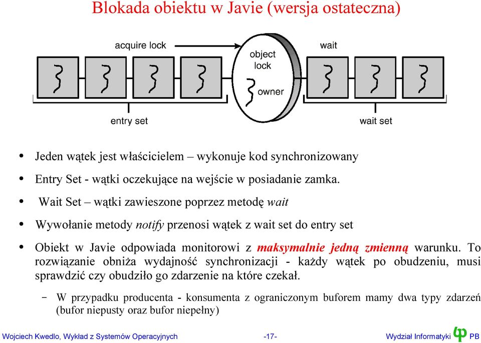 zmienną warunku. To rozwiązanie obniża wydajność synchronizacji - każdy wątek po obudzeniu, musi sprawdzić czy obudziło go zdarzenie na które czekał.