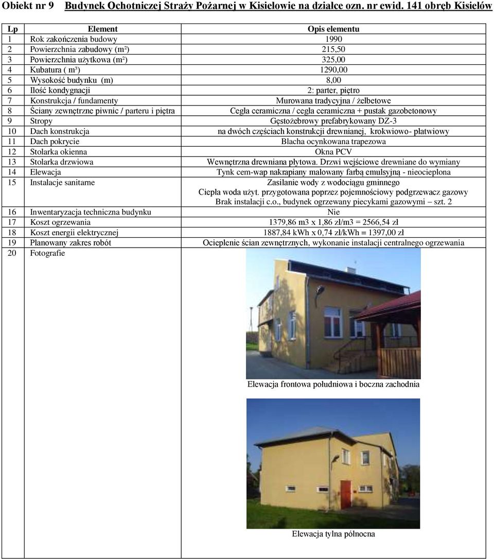 parter, piętro 10 Dach konstrukcja na dwóch częściach konstrukcji drewnianej, krokwiowo- płatwiowy 11 Dach pokrycie Blacha ocynkowana trapezowa 13 Stolarka drzwiowa Wewnętrzna drewniana płytowa.