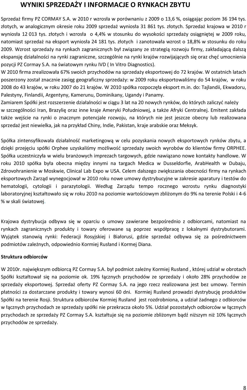 złotych i wzrosła o 4,4% w stosunku do wysokości sprzedaży osiągniętej w 2009 roku, natomiast sprzedaż na eksport wyniosła 24 181 tys. złotych i zanotowała wzrost o 18,8% w stosunku do roku 2009.