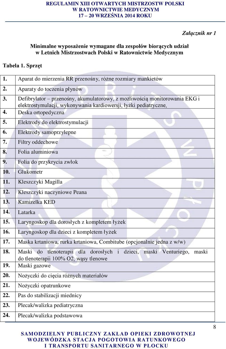 Deska ortopedyczna 5. Elektrody do elektrostymulacji 6. Elektrody samoprzylepne 7. Filtry oddechowe 8. Folia aluminiowa 9. Folia do przykrycia zwłok 10. Glukometr 11. Kleszczyki Magilla 12.