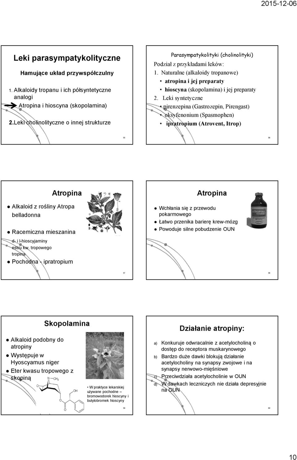 Naturalne (alkaloidy tropanowe) atropina i jej preparaty hioscyna (skopolamina) i jej preparaty 2.