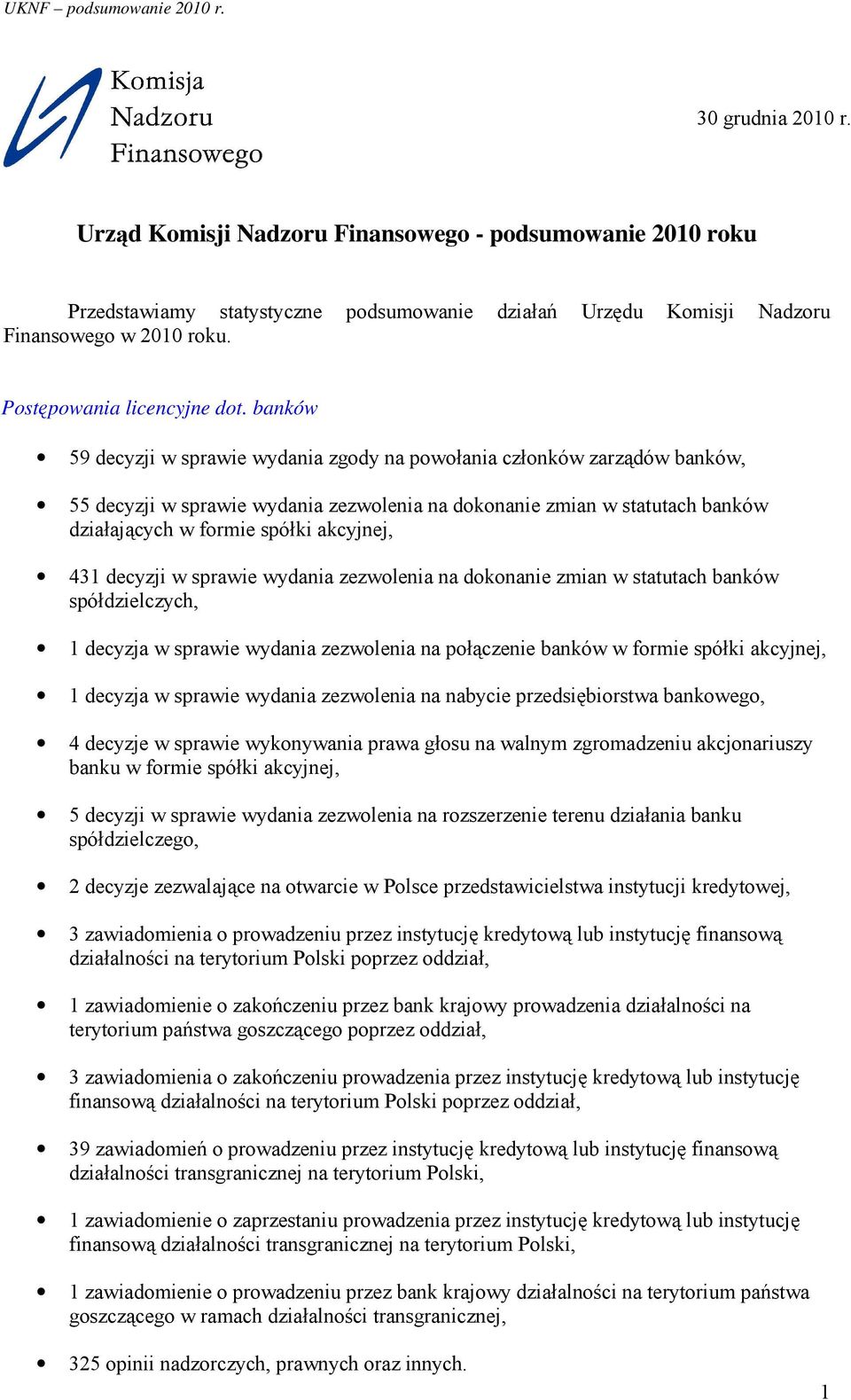 banków 59 decyzji w sprawie wydania zgody na powołania członków zarządów banków, 55 decyzji w sprawie wydania zezwolenia na dokonanie zmian w statutach banków działających w formie spółki akcyjnej,