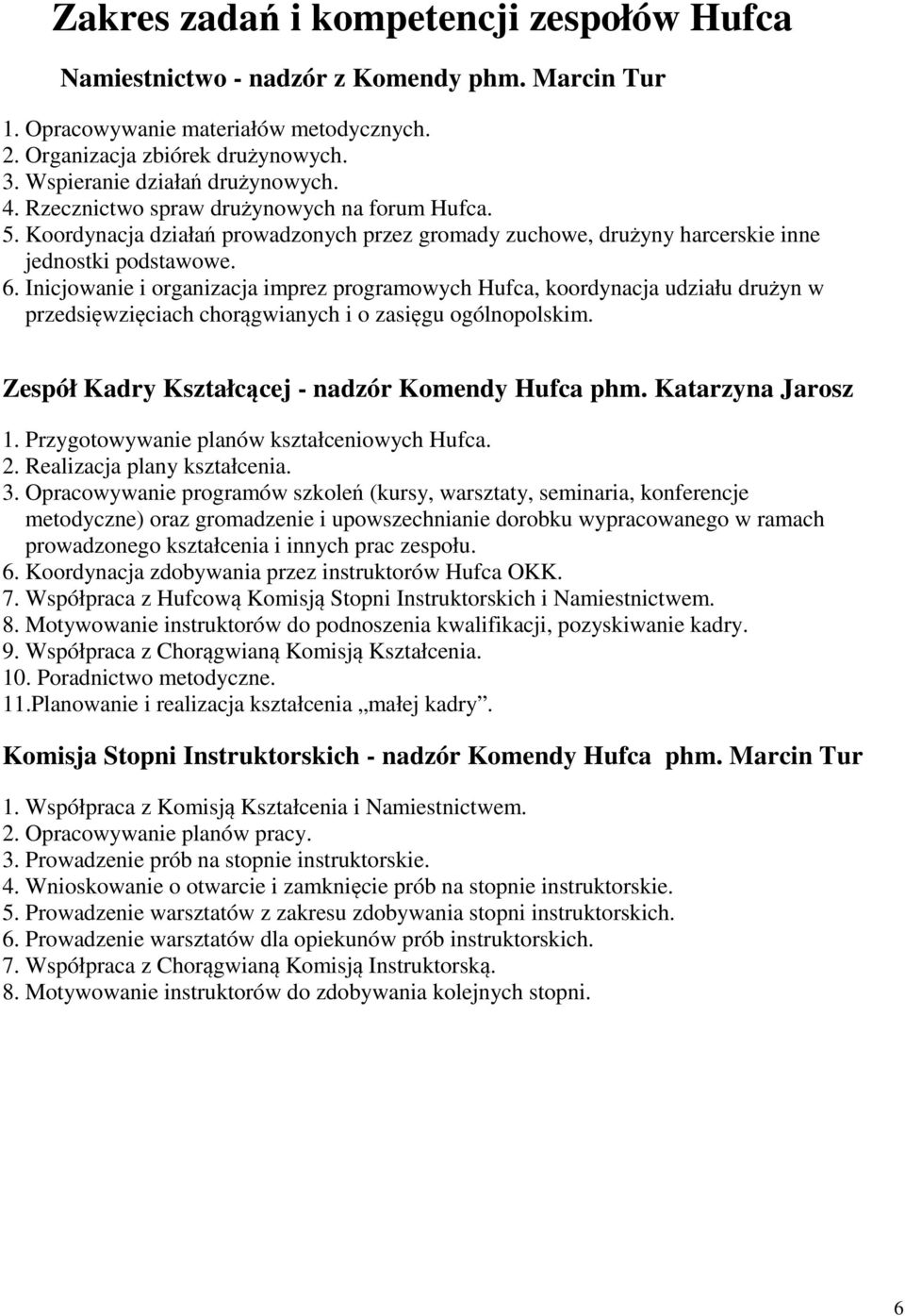 Inicjowanie i organizacja imprez programowych Hufca, koordynacja udziału drużyn w przedsięwzięciach chorągwianych i o zasięgu ogólnopolskim. Zespół Kadry Kształcącej - nadzór Komendy Hufca phm.
