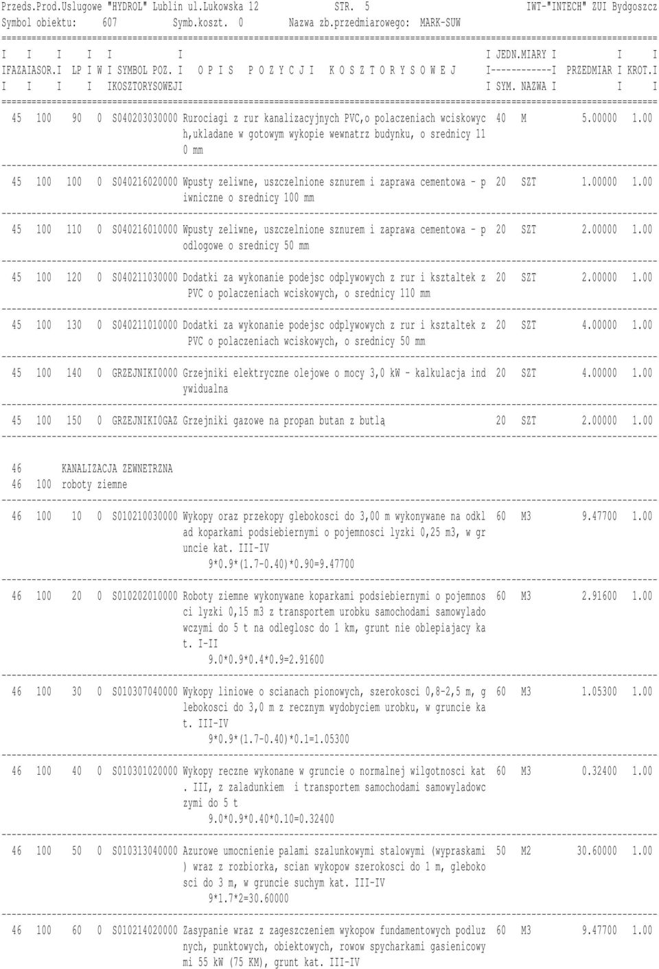 00 iwniczne o srednicy 100 mm 45 100 110 0 S040216010000 Wpusty zeliwne, uszczelnione sznurem i zaprawa cementowa - p 20 SZT 2.00000 1.