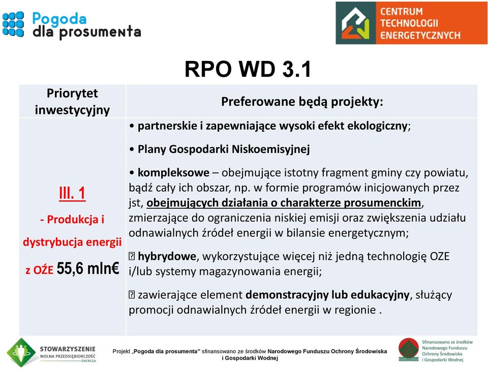 w formie programów inicjowanych przez jst, obejmujących działania o charakterze prosumenckim, zmierzające do ograniczenia niskiej emisji oraz zwiększenia udziału odnawialnych