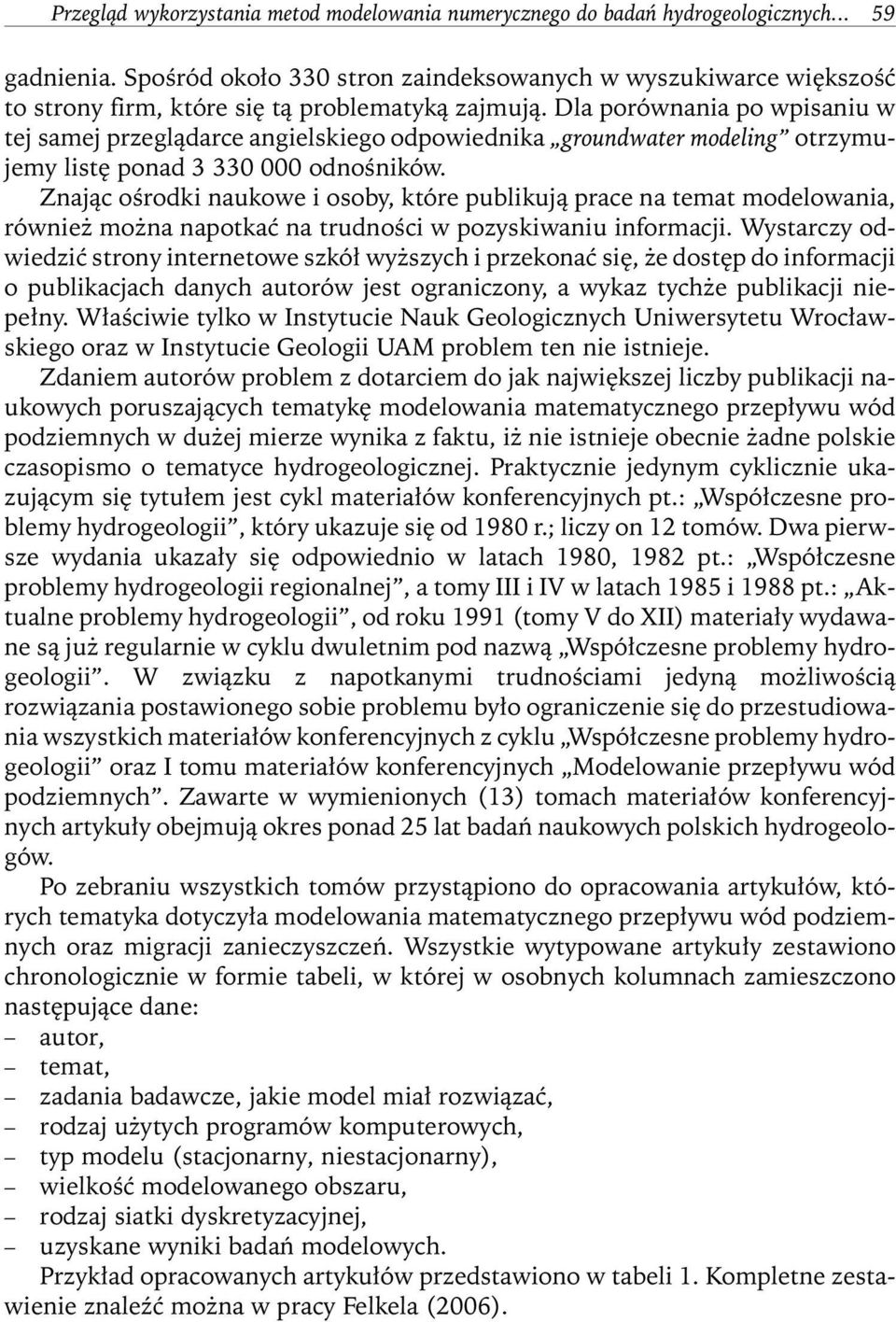Dla porównania po wpisaniu w tej samej przeglądarce angielskiego odpowiednika groundwater modeling otrzymujemy listę ponad 3 330 000 odnośników.