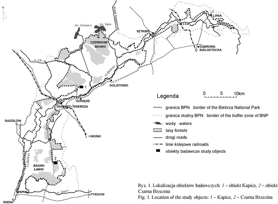 biebrza BAGNO ŁAWKI 2 MOŃKI granica otuliny otuliny BPN BPN border of the buffer zone of BNP wody Wody waters lasy Lasy forests drogi Drogi roads linie Linie