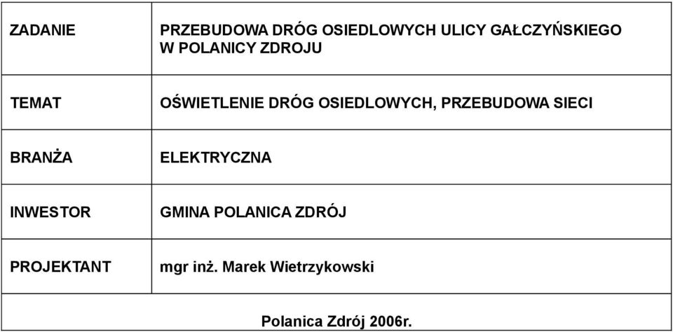 PRZEBUDOWA SIECI BRANŻA ELEKTRYCZNA INWESTOR GMINA POLANICA