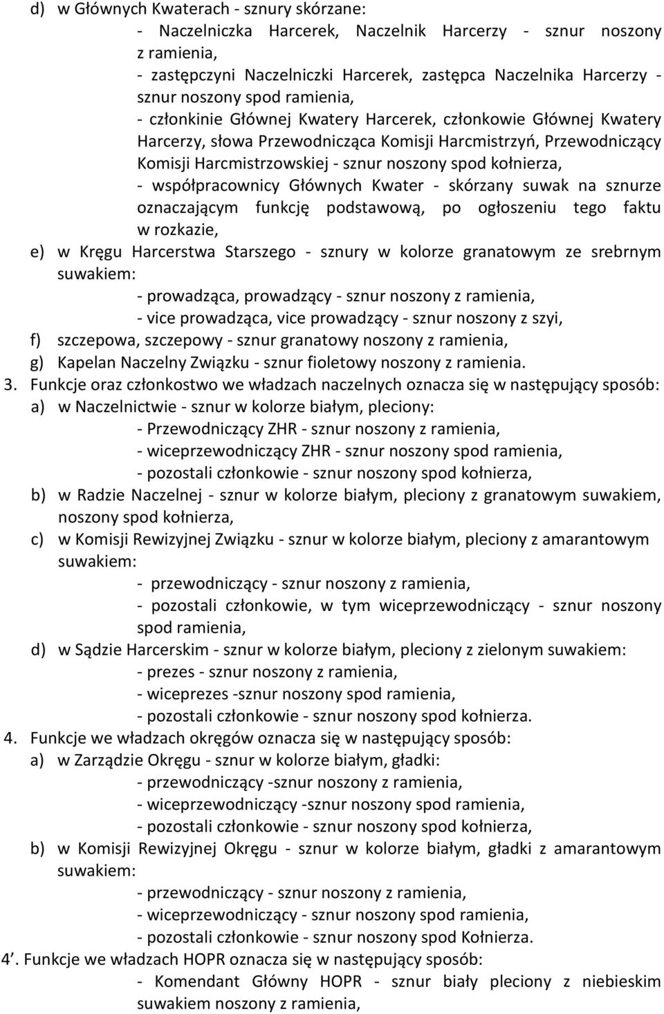 kołnierza, - współpracownicy Głównych Kwater - skórzany suwak na sznurze oznaczającym funkcję podstawową, po ogłoszeniu tego faktu w rozkazie, e) w Kręgu Harcerstwa Starszego - sznury w kolorze