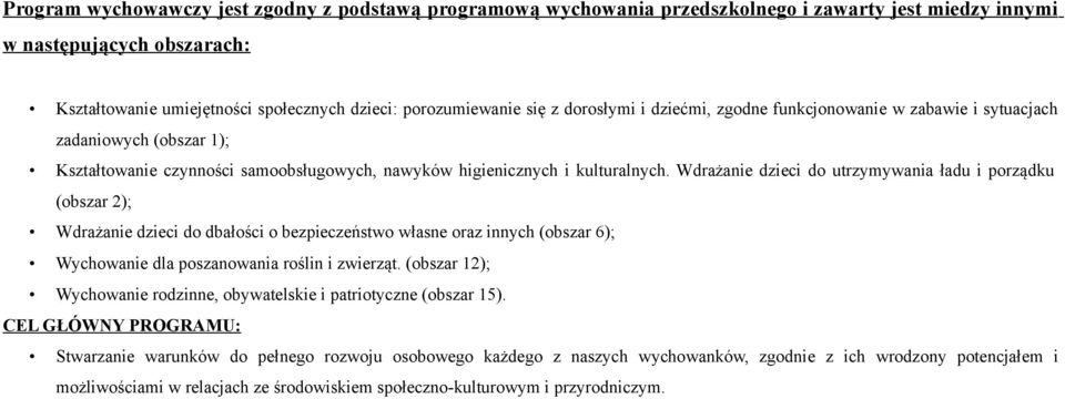 Wdrażanie dzieci do utrzymywania ładu i porządku (obszar 2); Wdrażanie dzieci do dbałości o bezpieczeństwo własne oraz innych (obszar 6); Wychowanie dla poszanowania roślin i zwierząt.