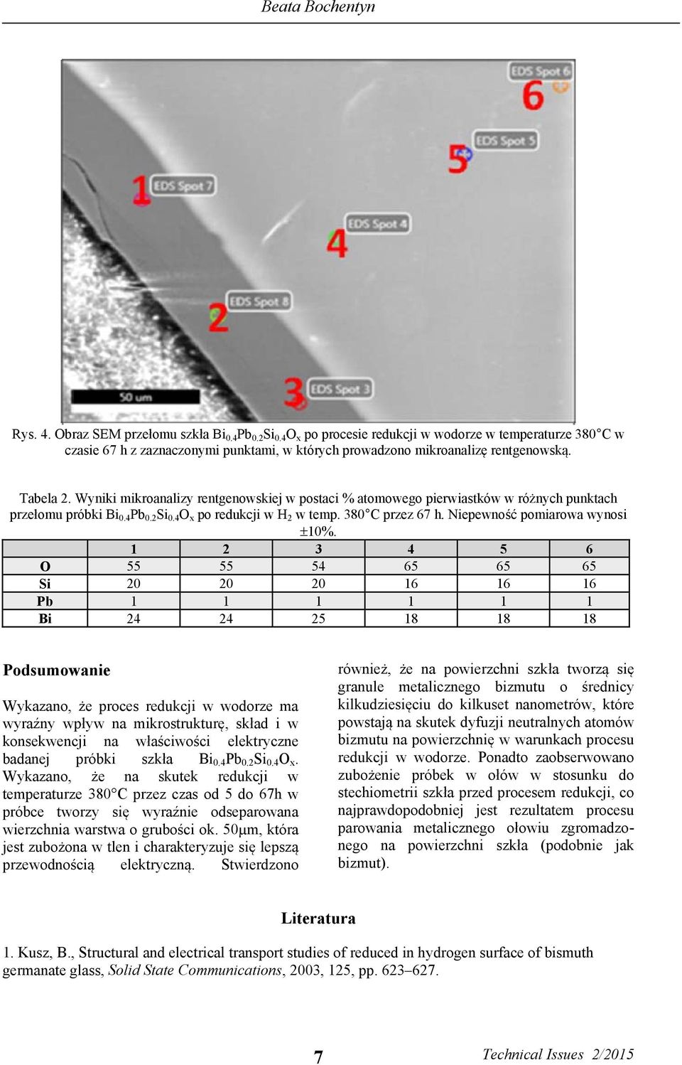 Wyniki mikroanalizy rentgenowskiej w postaci % atomowego pierwiastków w różnych punktach przełomu próbki Bi 0.4 Pb 0.2 Si 0.4 O x po redukcji w H 2 w temp. 380 C przez 67 h.