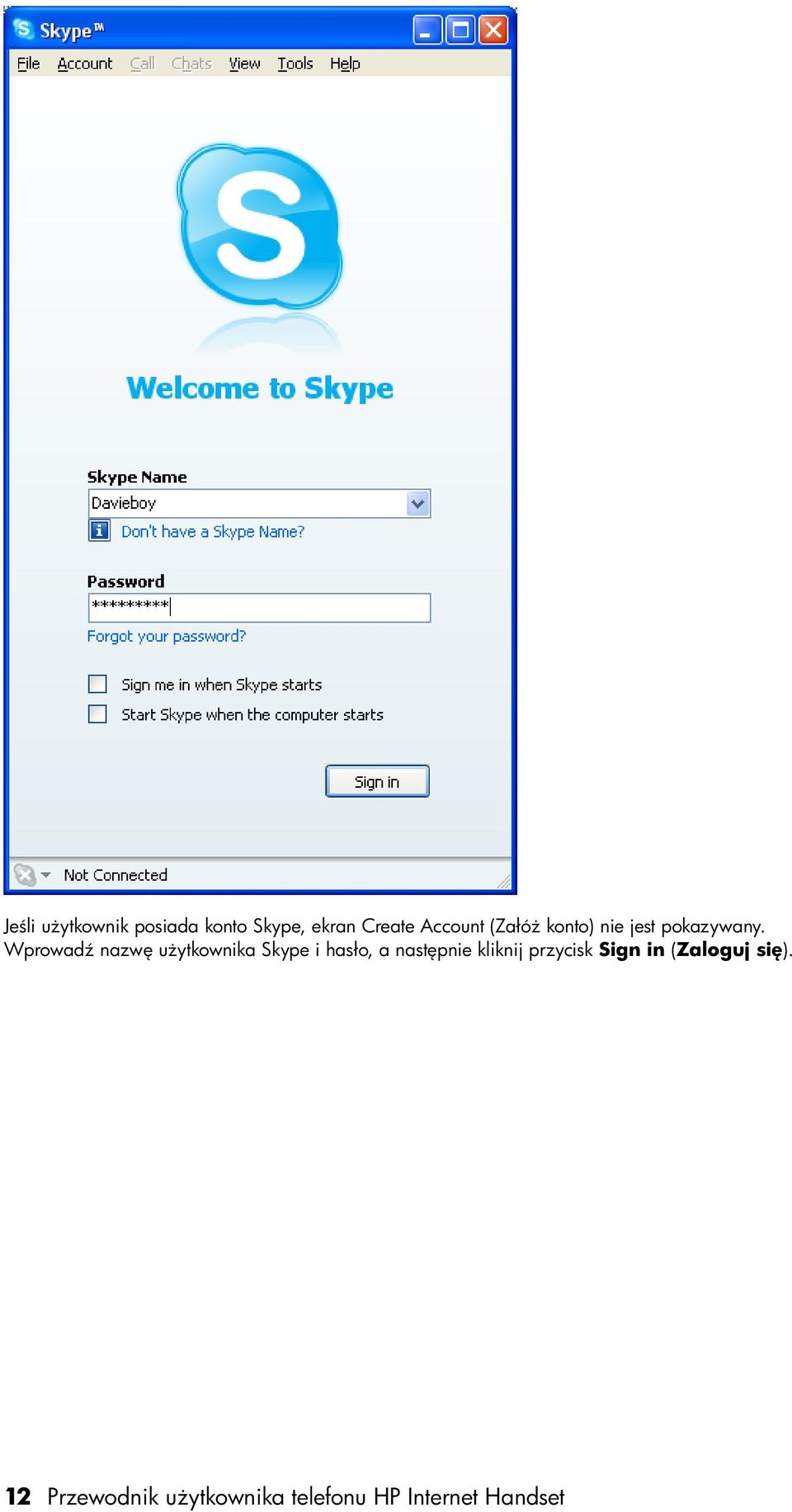 Wprowadź nazwę użytkownika Skype i hasło, a następnie