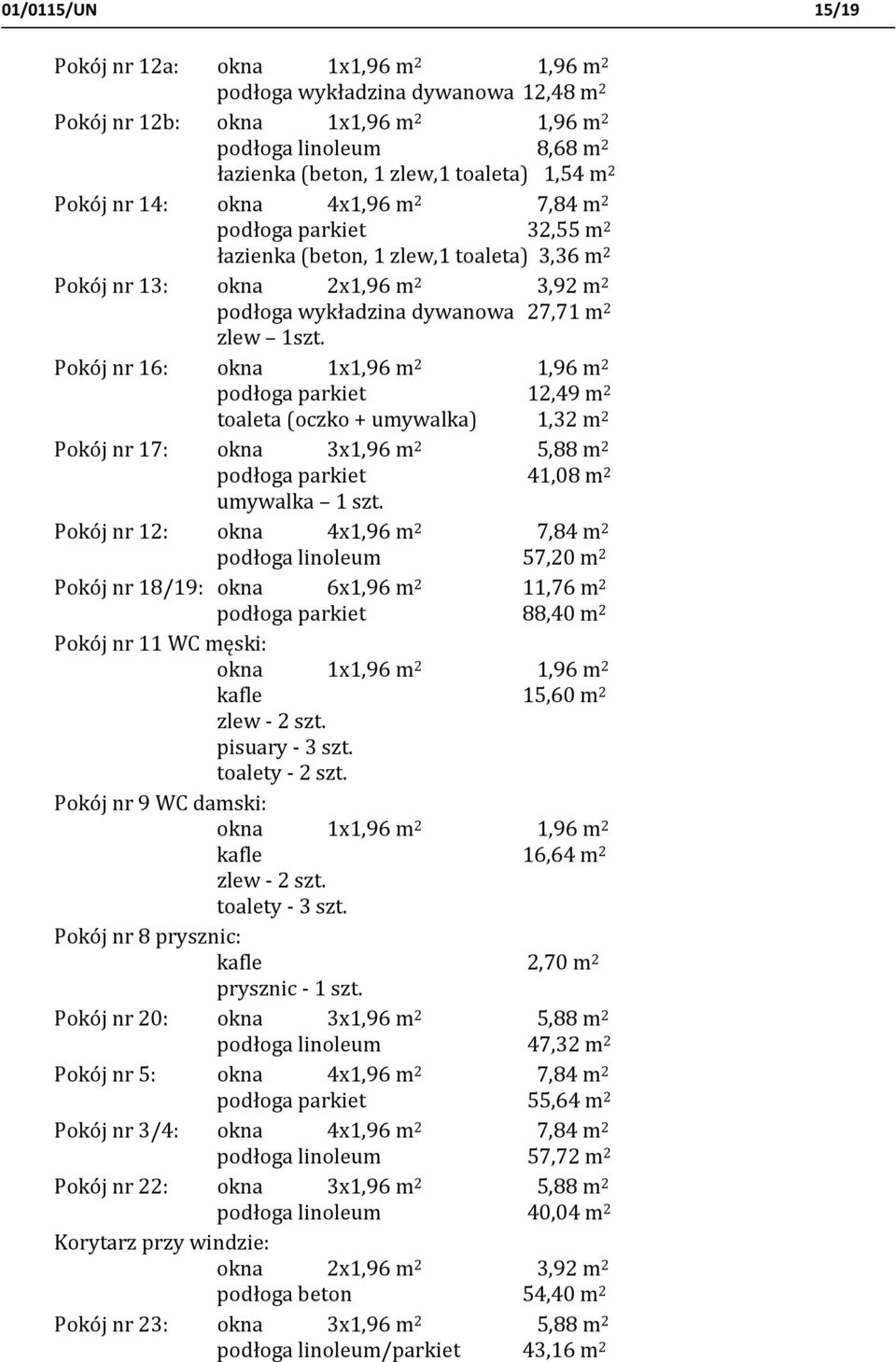 Pokój nr 16: okna 1x1,96 m 2 1,96 m 2 podłoga parkiet 12,49 m 2 toaleta (oczko + umywalka) 1,32 m 2 Pokój nr 17: okna 3x1,96 m 2 5,88 m 2 podłoga parkiet 41,08 m 2 umywalka 1 szt.