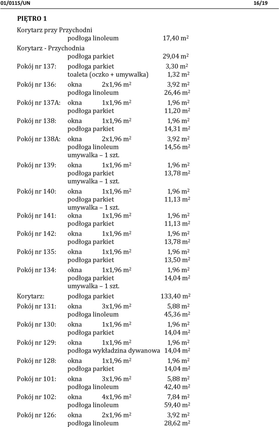 Pokój nr 138A: okna 2x1,96 m 2 3,92 m 2 podłoga linoleum 14,56 m 2 umywalka 1 szt. Pokój nr 139: okna 1x1,96 m 2 1,96 m 2 podłoga parkiet 13,78 m 2 umywalka 1 szt.