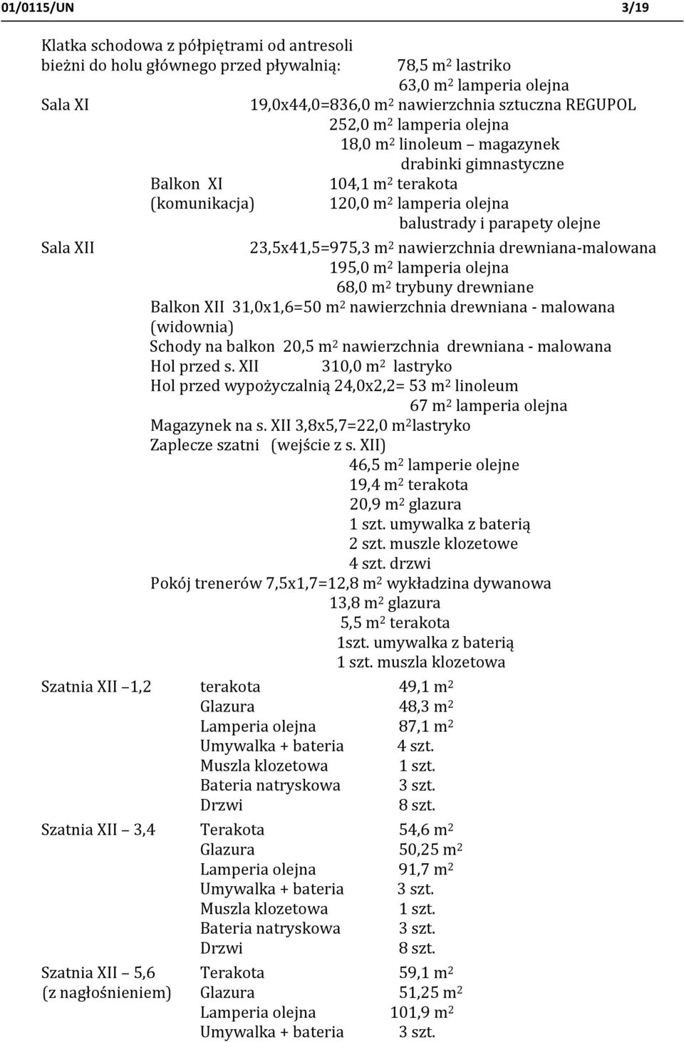 23,5x41,5=975,3 m 2 nawierzchnia drewniana-malowana 195,0 m 2 lamperia olejna 68,0 m 2 trybuny drewniane Balkon XII 31,0x1,6=50 m 2 nawierzchnia drewniana - malowana (widownia) Schody na balkon 20,5