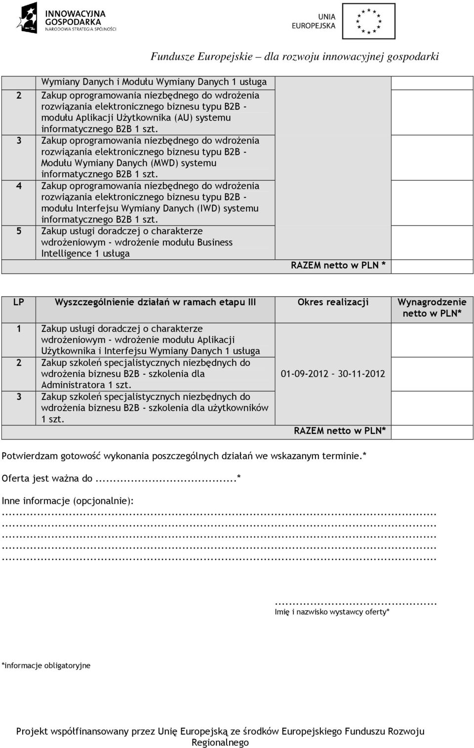 Business Intelligence 1 usługa RAZEM netto w PLN * LP Wyszczególnienie działań w ramach etapu III Okres realizacji Wynagrodzenie wdrożeniowym - wdrożenie modułu Aplikacji Użytkownika i Interfejsu
