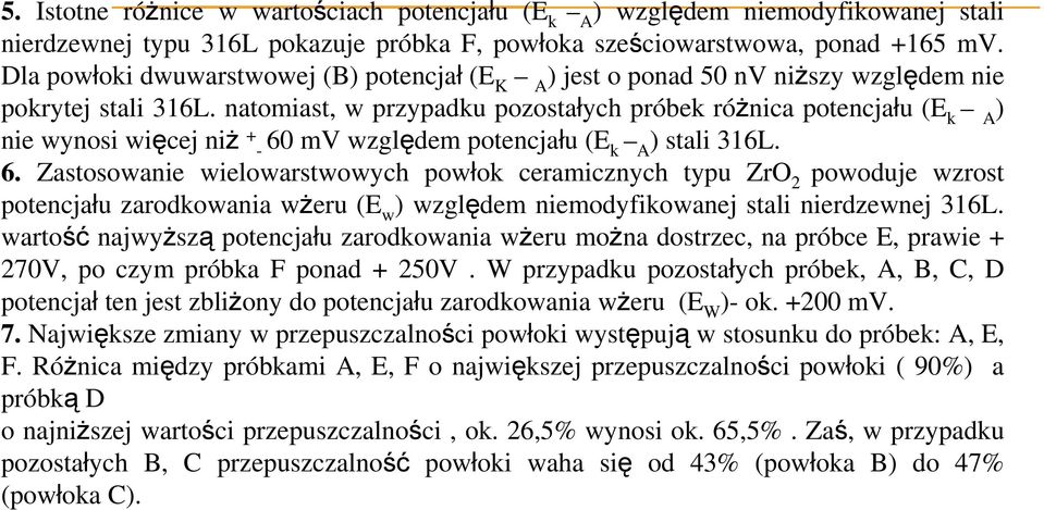 natomiast, w przypadku pozostałych próbek róŝnica potencjału (E k A ) nie wynosi więcej niŝ + - 60